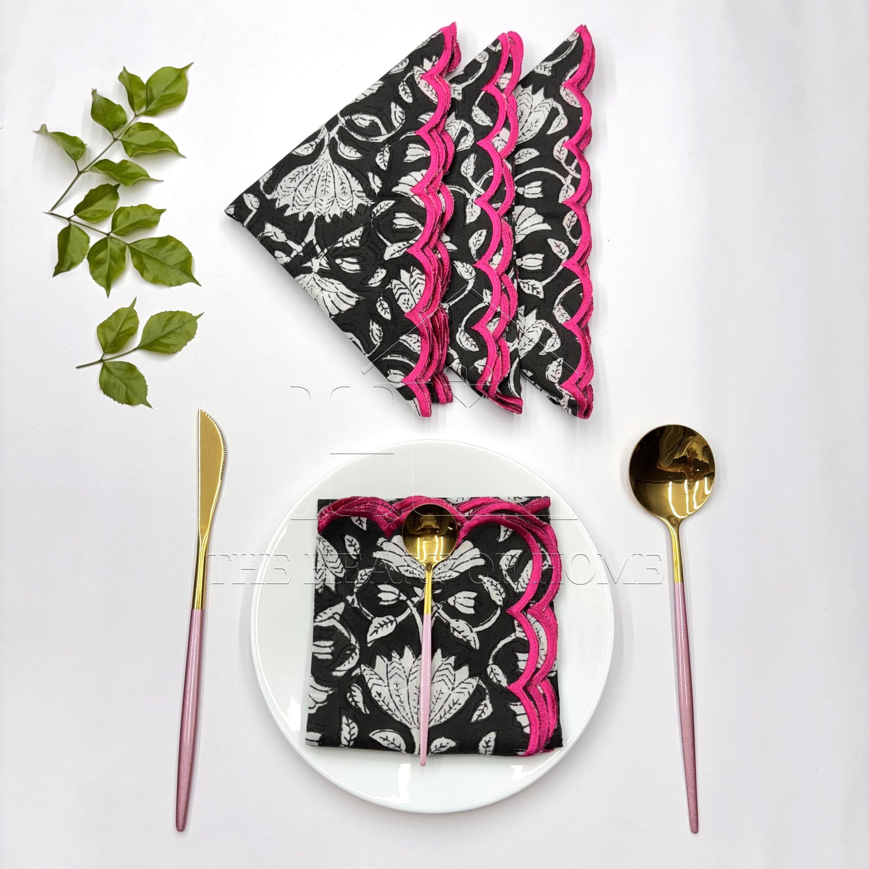 Black Pink scallop cotton Embroidery Napkins for table decoration and christmas gift | Reusable Floral Table Linen