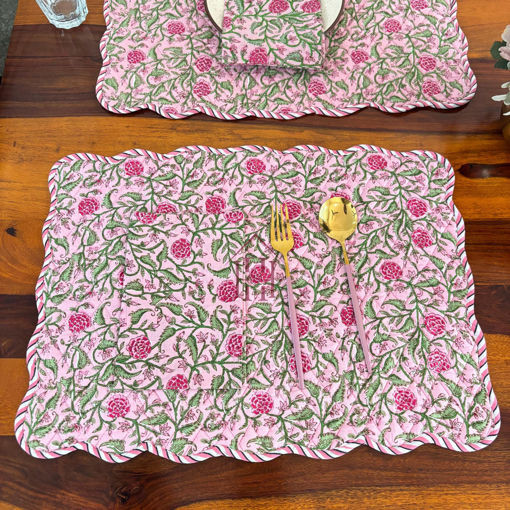 Cotton quilted mats hand block printed Rose Pink Floral 14x20 Inch Reversible 100% Cotton, Washable, Soft & Absorbent, Perfect for Wedding