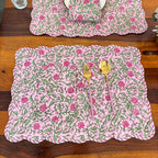 Cotton quilted mats hand block printed Rose Pink Floral 14x20 Inch Reversible 100% Cotton, Washable, Soft & Absorbent, Perfect for Wedding