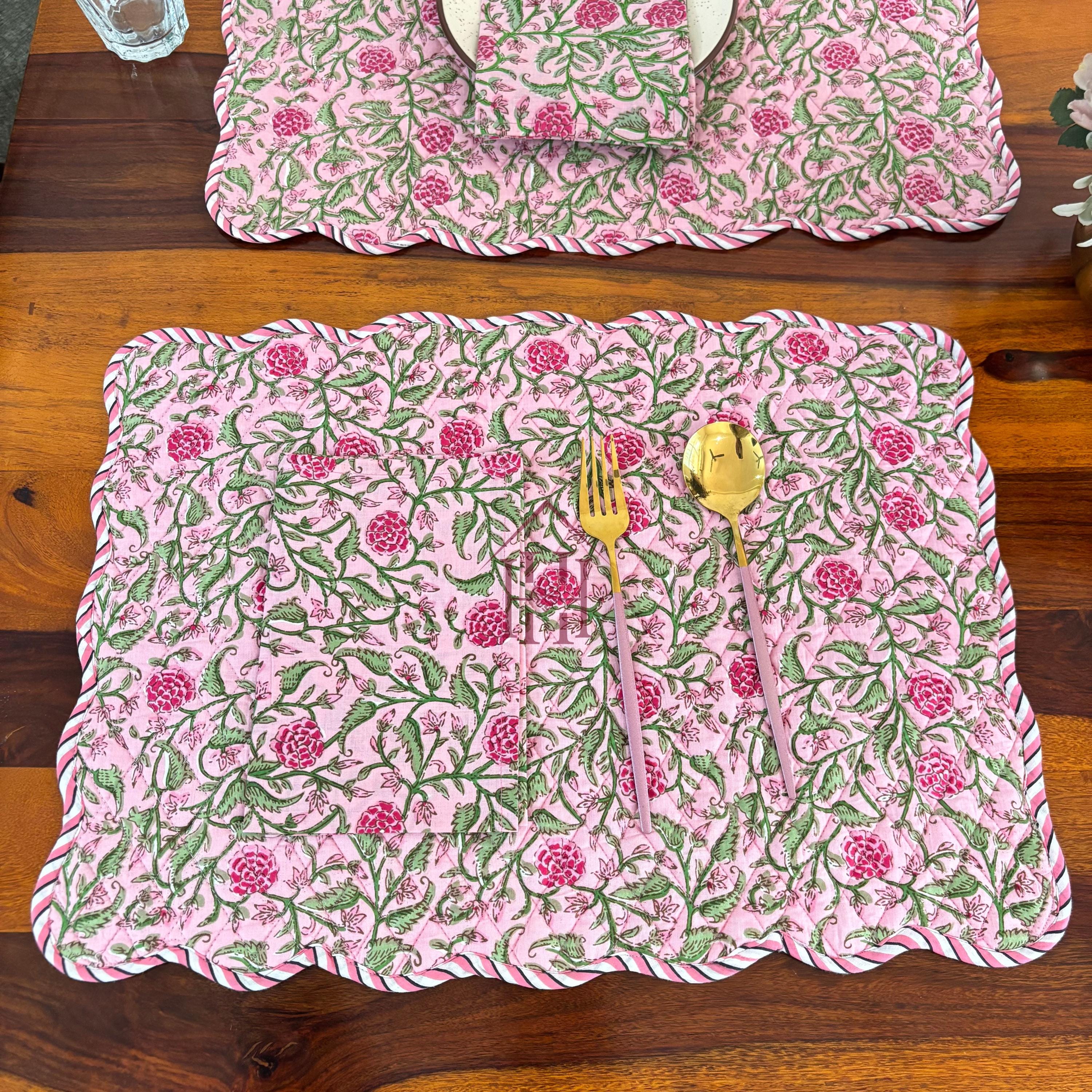 Cotton quilted mats hand block printed Rose Pink Floral 14x20 Inch Reversible 100% Cotton, Washable, Soft & Absorbent, Perfect for Wedding