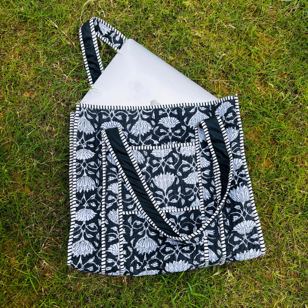 Black Floral Print Quilted Tote Bag: Reversible Waterproof Cotton Travel Bag