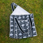 Black Floral Print Quilted Tote Bag: Reversible Waterproof Cotton Travel Bag