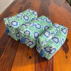 Handblock Printed Quilted Cosmetic Pouch Set: Green Travel Toiletry Bags