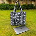 Black Floral Print Quilted Tote Bag: Reversible Waterproof Cotton Travel Bag
