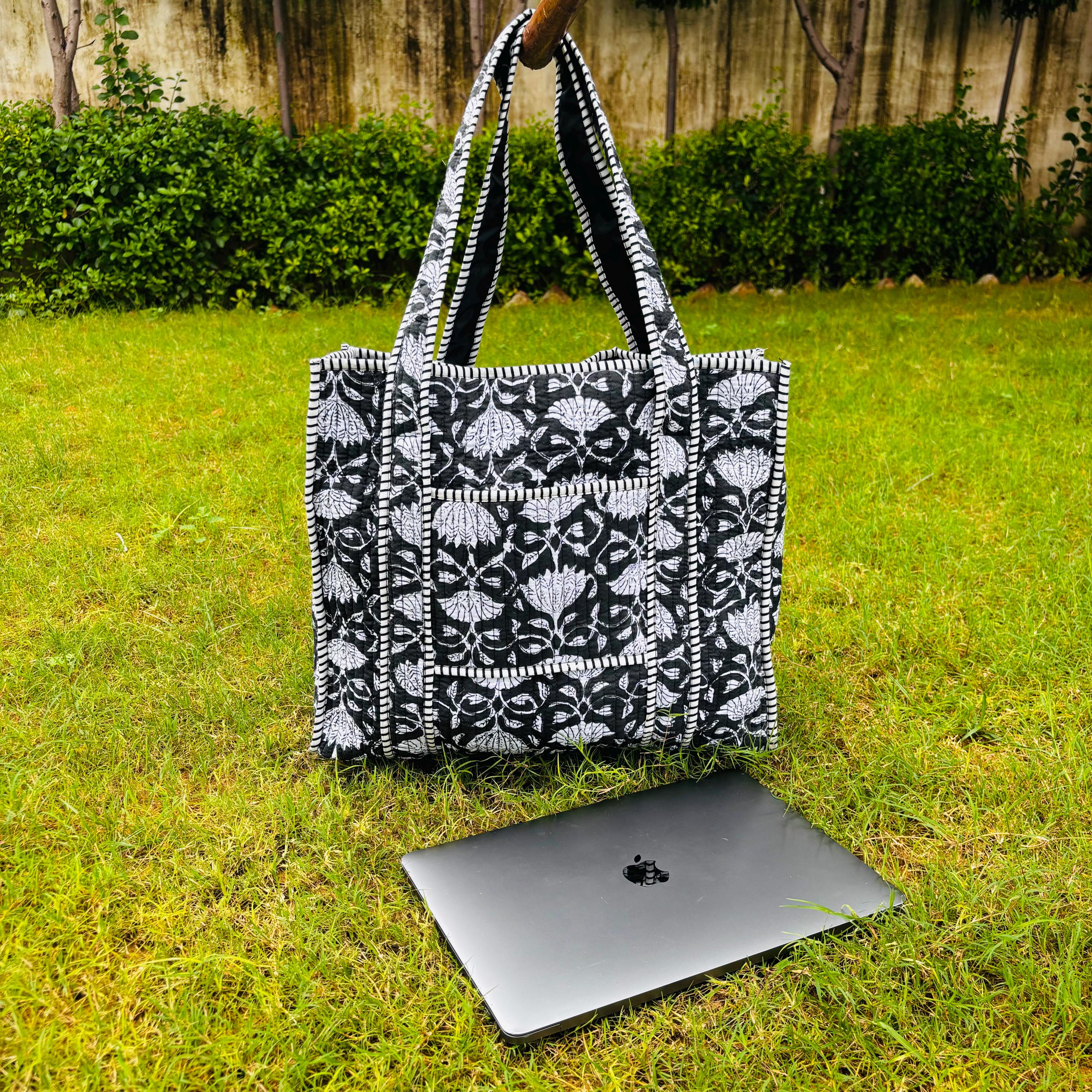 Black Floral Print Quilted Tote Bag: Reversible Waterproof Cotton Travel Bag