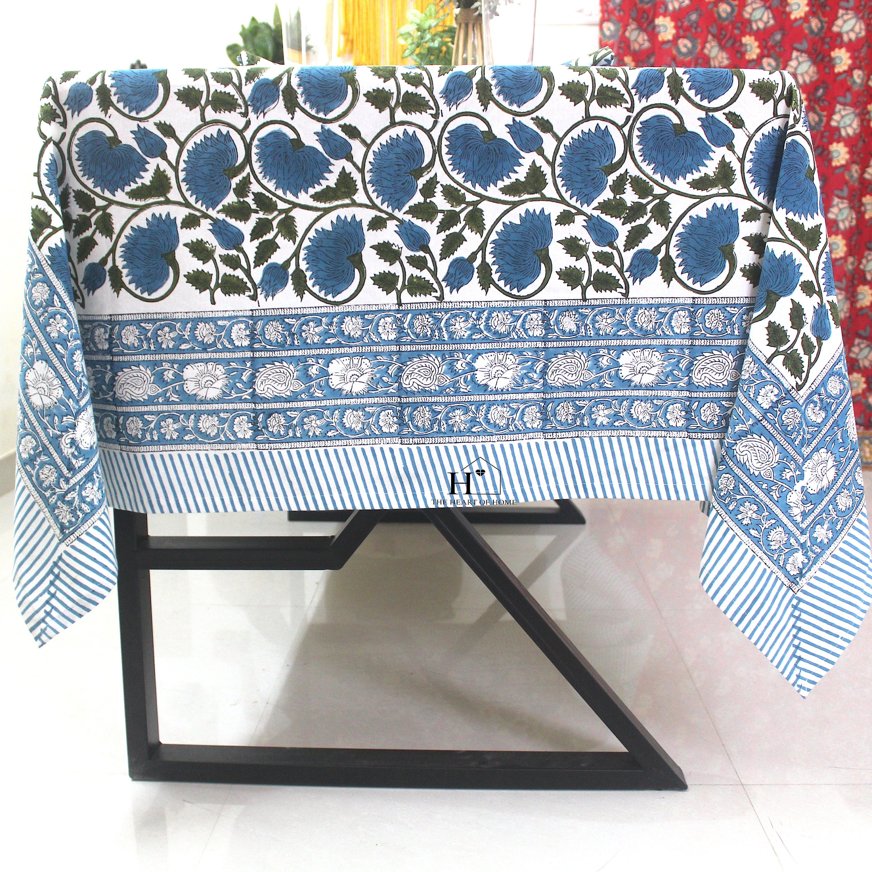 Blue Floral Block Print Cotton Tablecloth: Rustic Farmhouse Dining
