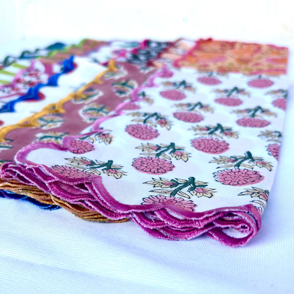 Hand Block Print Scallop Napkins: Floral Cotton Dinner Napkins