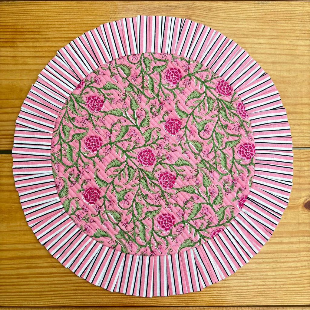 Floral Quilted Round Placemats with Napkins: Rose Pink Cotton Set