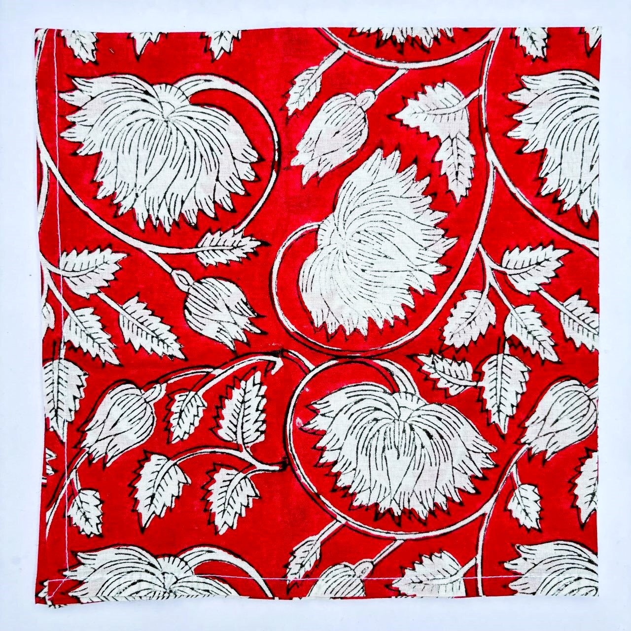 Handmade Red Floral Block Print Napkins: Cotton Table Decor