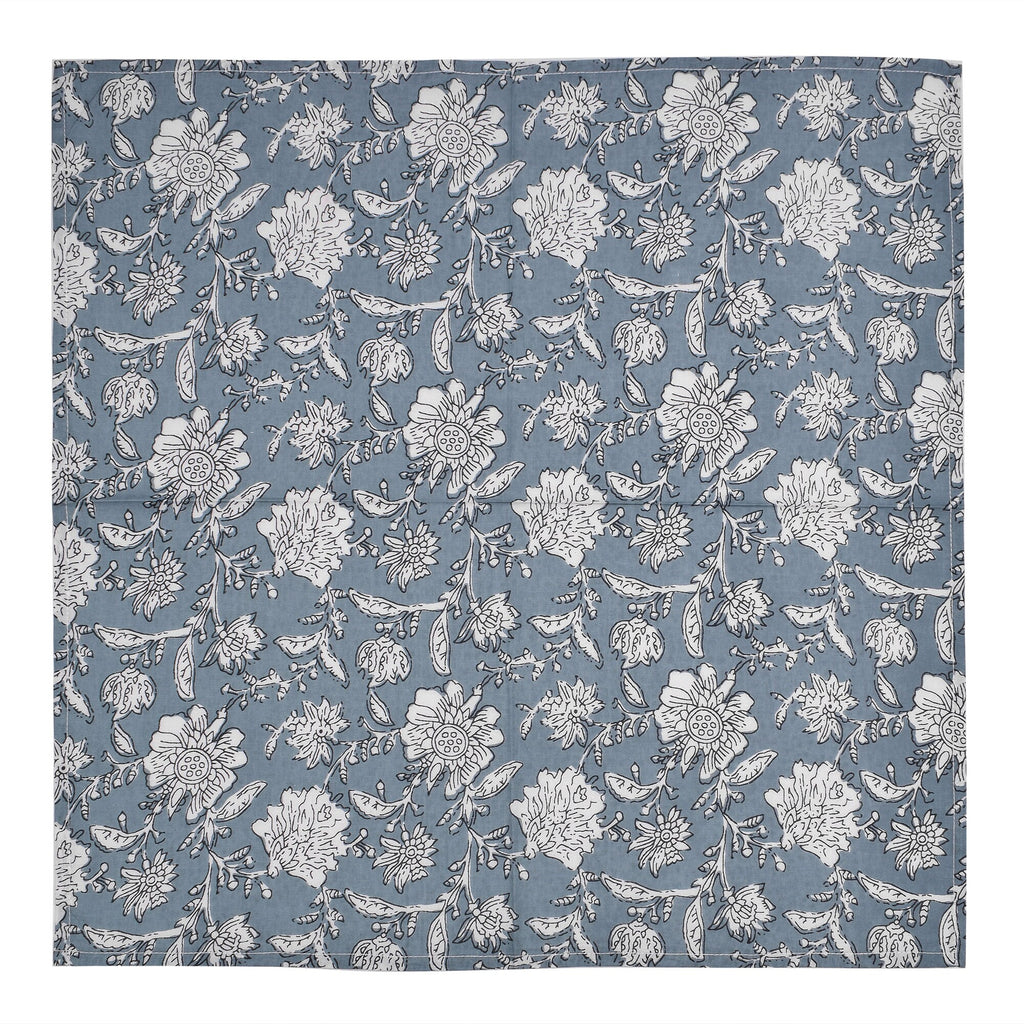 Hand Block Printed Floral Cotton Napkins: Stone Blue Elegant Dining Decor