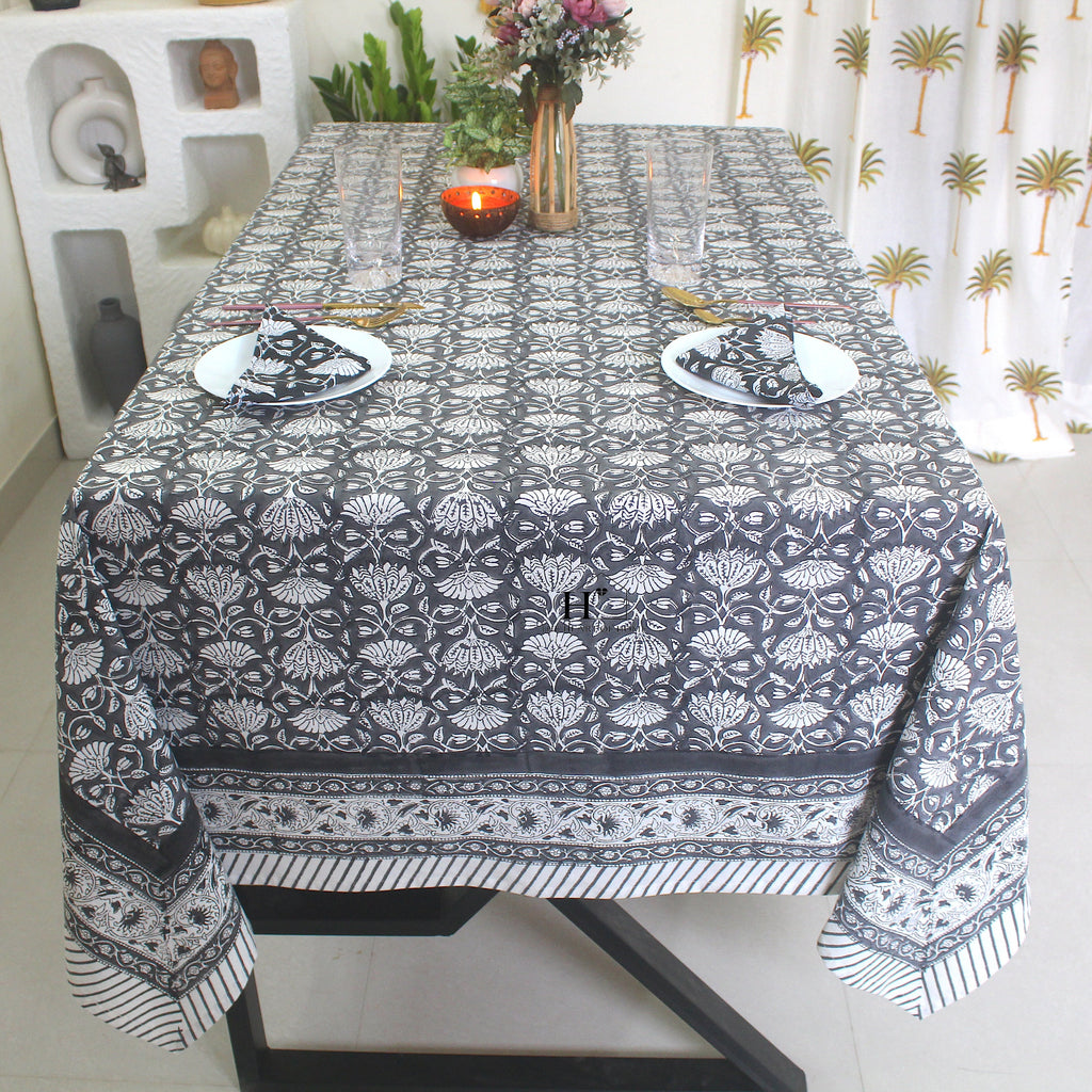 Black Floral Block Print Cotton Tablecloth - Waterproof Rustic Dining Cover