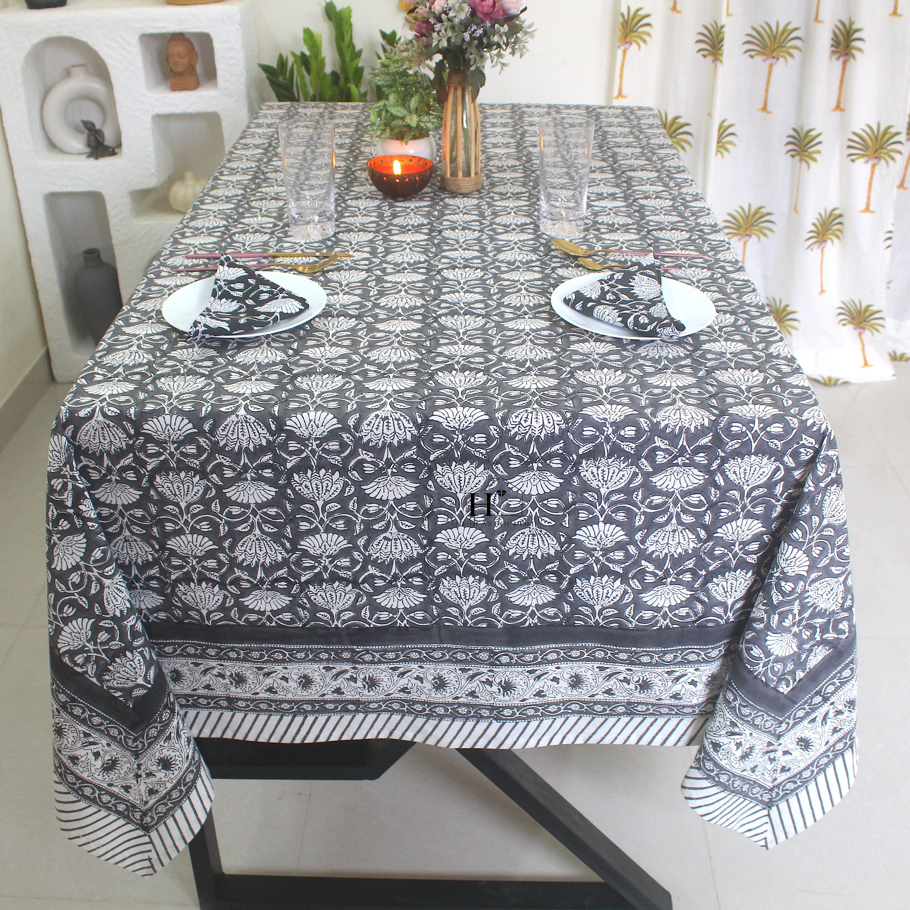 Black Floral Block Print Cotton Tablecloth - Waterproof Rustic Dining Cover