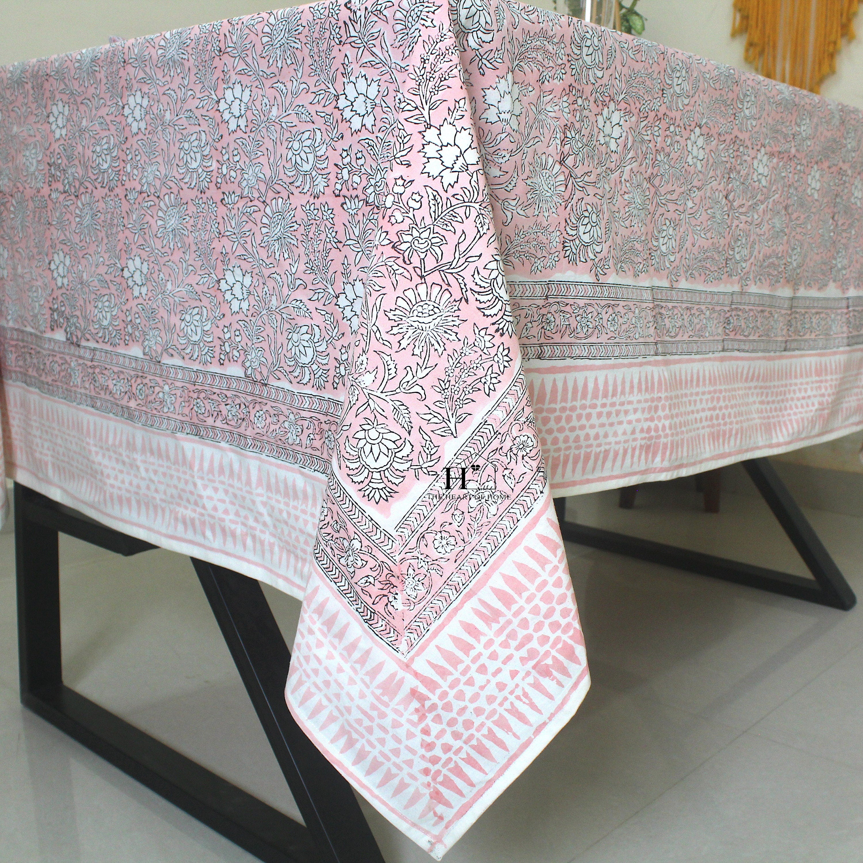 Pink Floral Block Print Cotton Tablecloth - Farmhouse Dining Cover