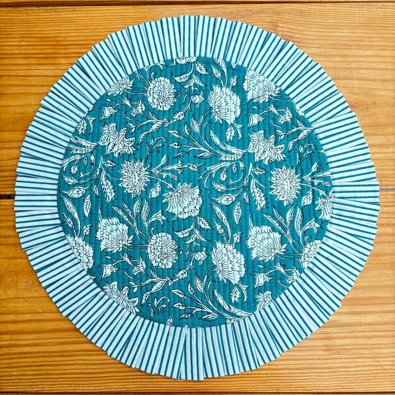 Teal Blue Floral Quilted Placemat & Napkin Set: Indian Artisan Craft