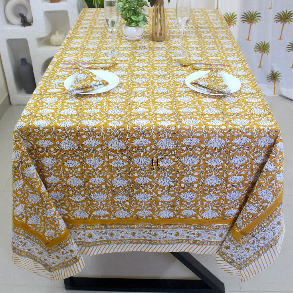 Mustard Floral Tablecloth: Hand-Block Printed Cotton, Waterproof Rustic Cover