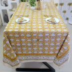 Mustard Floral Tablecloth: Hand-Block Printed Cotton, Waterproof Rustic Cover