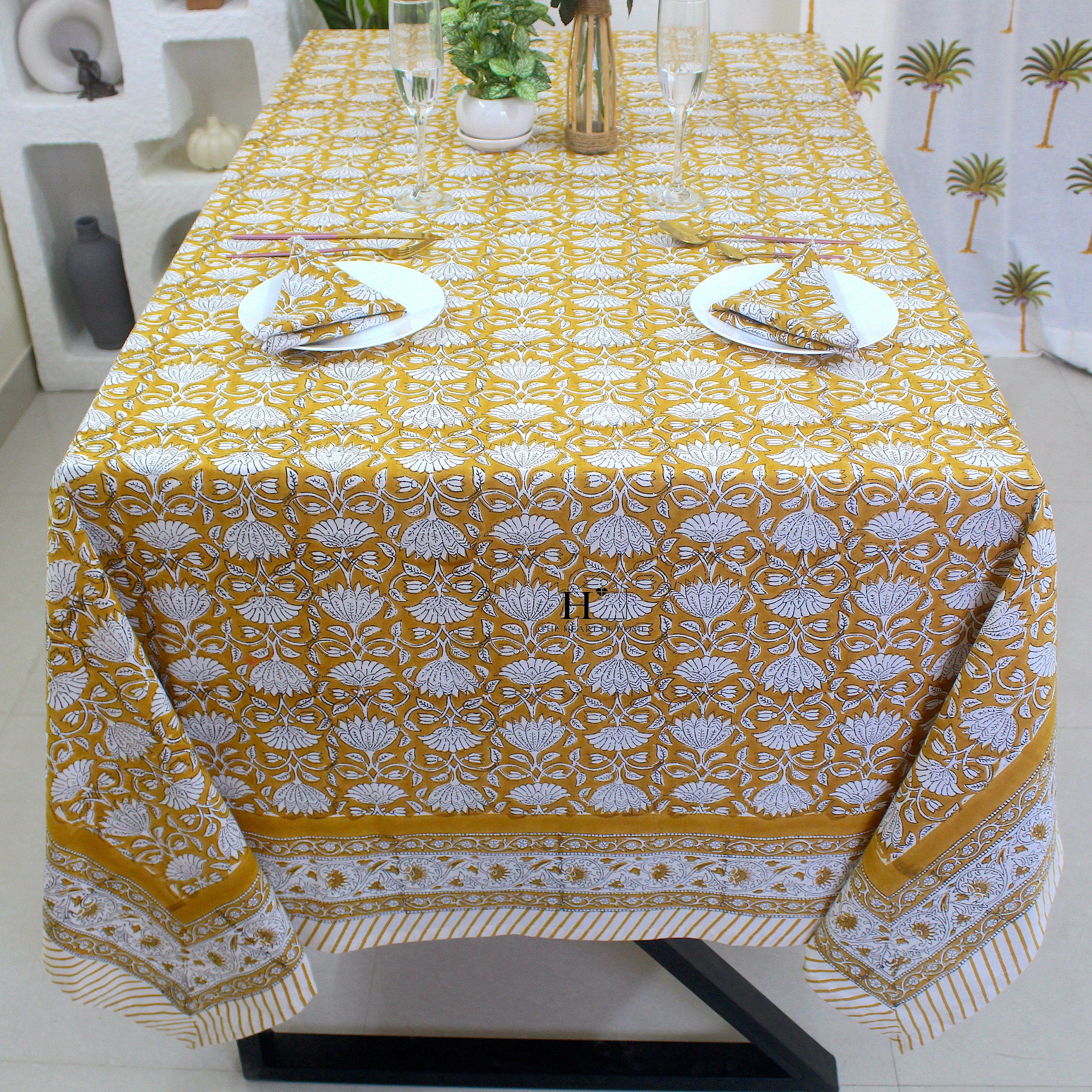 Mustard Floral Tablecloth: Hand-Block Printed Cotton, Waterproof Rustic Cover