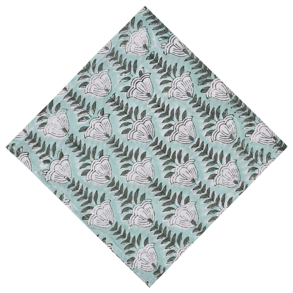 Sage Green Floral Napkins: Hand Block Printed Cotton Cloth
