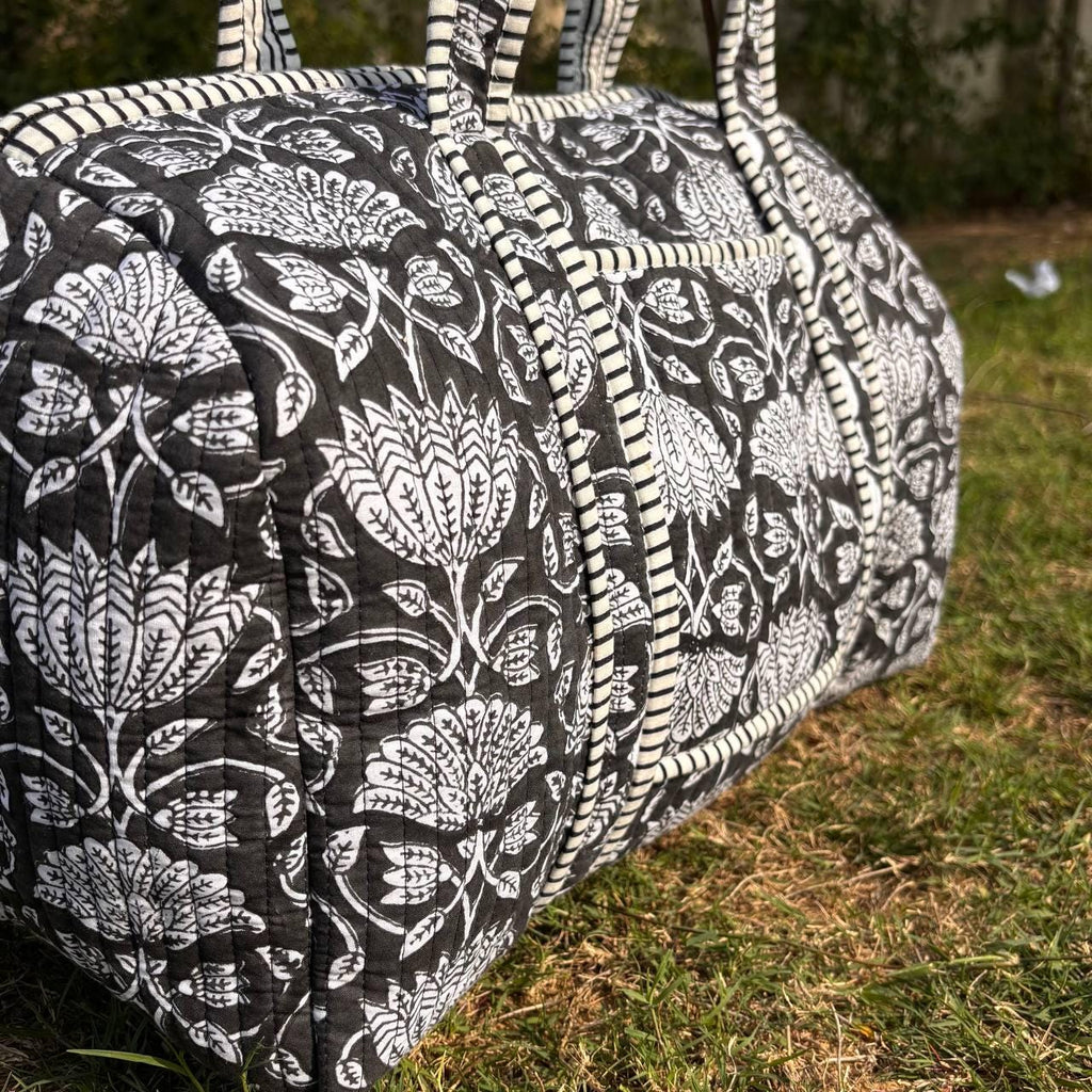 Large Black Cotton Quilted Duffle Bags Block print Gifts Handmade Colorful Travel night Travel Gym Yoga Luggage pocket 18x9x9 inches