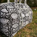 Large Black Cotton Quilted Duffle Bags Block print Gifts Handmade Colorful Travel night Travel Gym Yoga Luggage pocket 18x9x9 inches