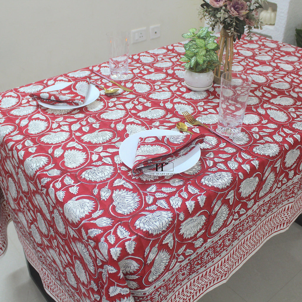 Red Floral Block Print Cotton Tablecloth - Farmhouse Kitchen Decor