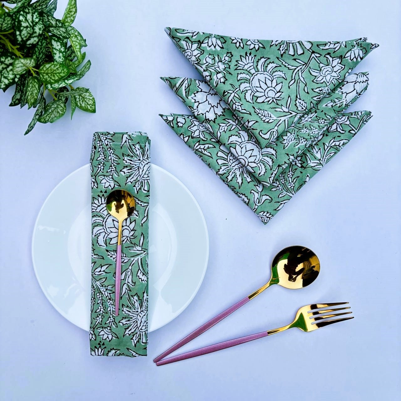 Handmade Olive Green Floral Napkins: Block Printed Cotton Table Decor