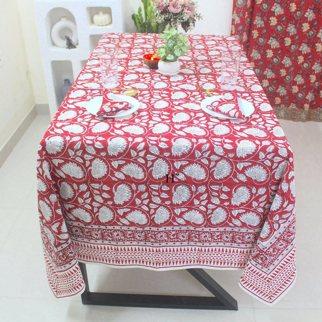 Red Floral Block Print Cotton Tablecloth - Farmhouse Kitchen Decor