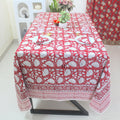 Red Floral Block Print Cotton Tablecloth - Farmhouse Kitchen Decor
