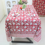 Red Floral Block Print Cotton Tablecloth - Farmhouse Kitchen Decor