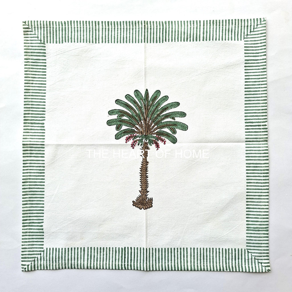 Hand Block Printed Cotton Placemat & Napkin Set: Jaipur Palm Tree Design