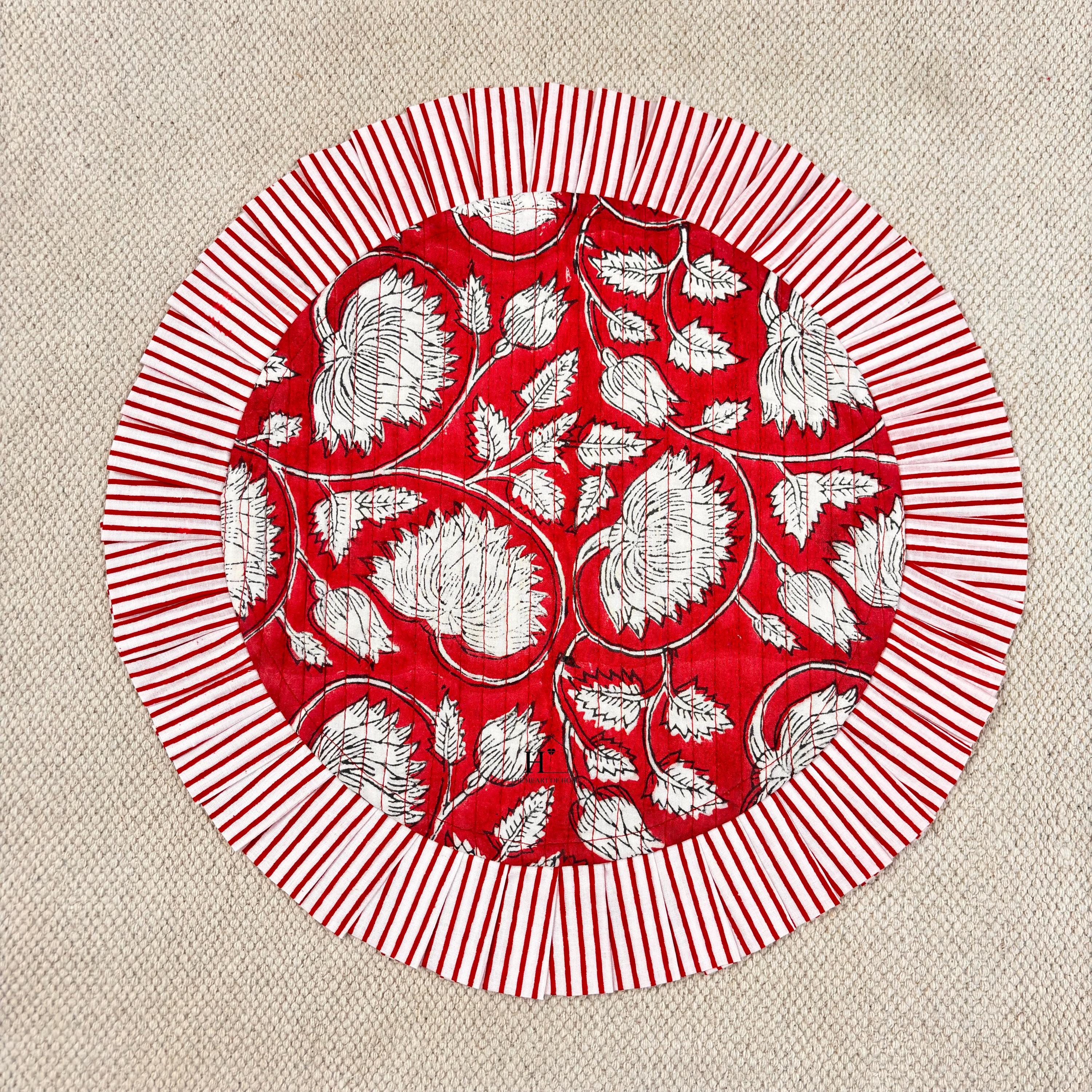 Red Floral Quilted Placemat & Napkin Set: 100% Cotton, Handmade