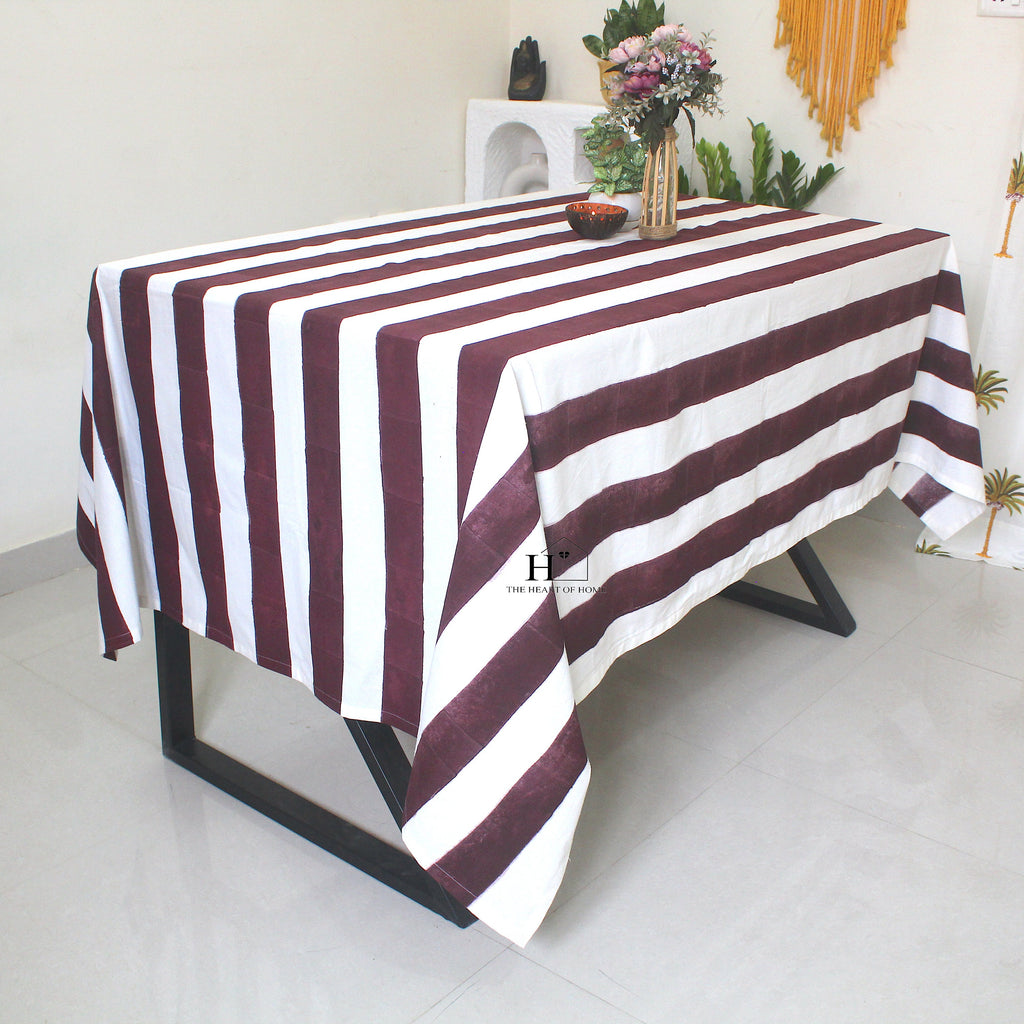 Hand-Block Congo Brown Striped Cotton Tablecloth - Waterproof Rustic Dining
