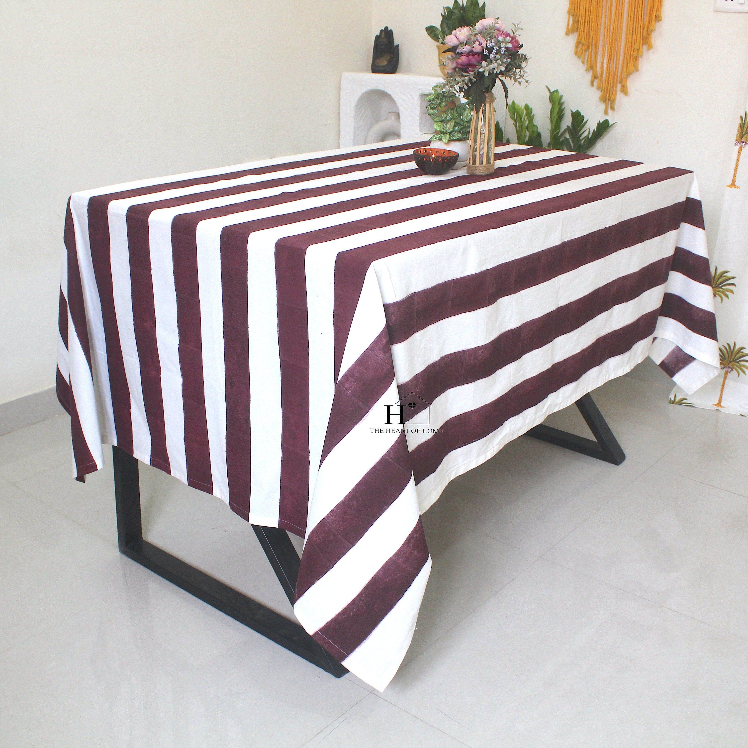 Hand-Block Congo Brown Striped Cotton Tablecloth - Waterproof Rustic Dining