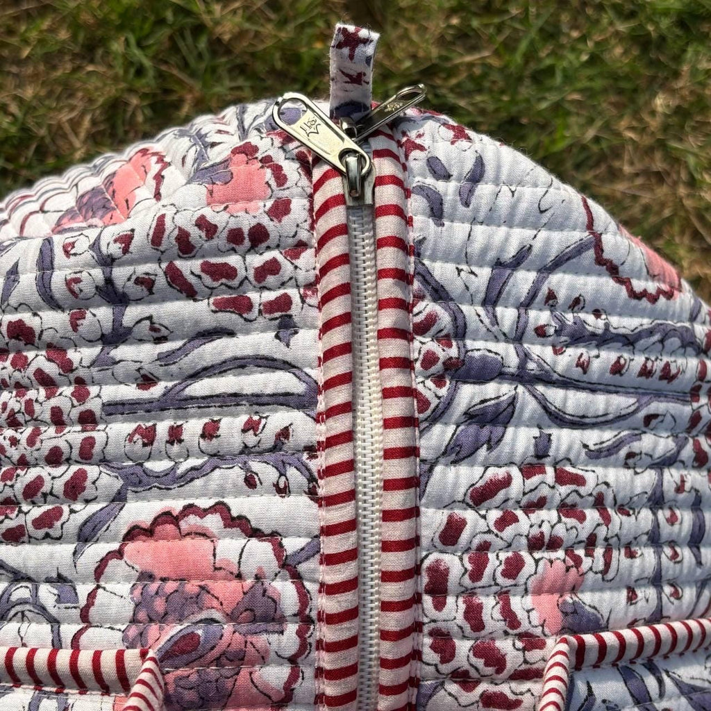 Large white Cotton Quilted Duffle Bags Block print Gifts Handmade Colorful Travel night Travel Gym Yoga Luggage pocket 18x9x9 inches