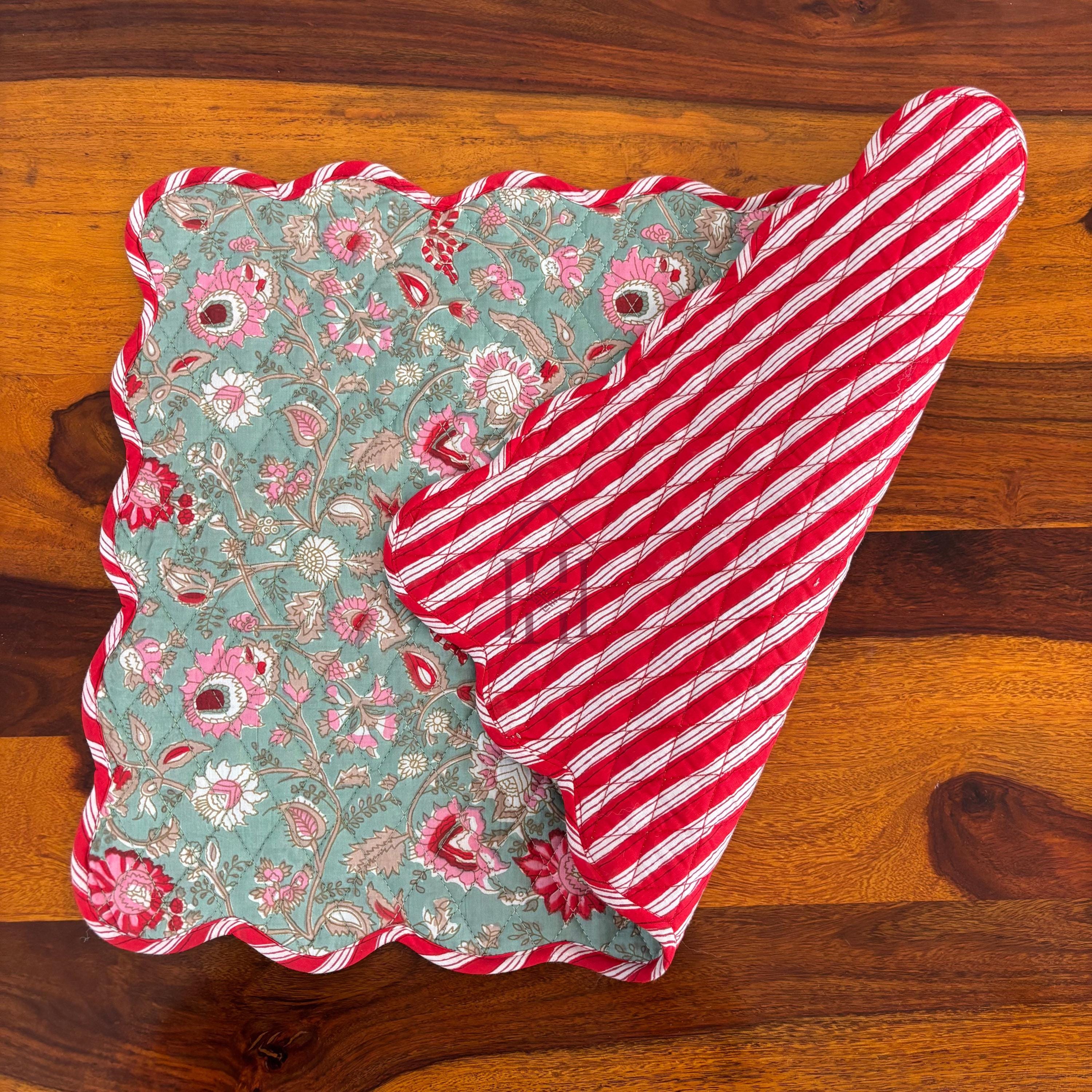 Cotton quilted mats hand block printed christmas green 14x20 Inch Reversible 100% Cotton, Washable, Soft & Absorbent, Perfect for Wedding