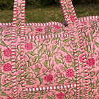 Large Rose pink Cotton Quilted Duffle Bags Block print Gifts Handmade Colorful Travel night Travel Gym Yoga Luggage pocket 18x9x9 inches