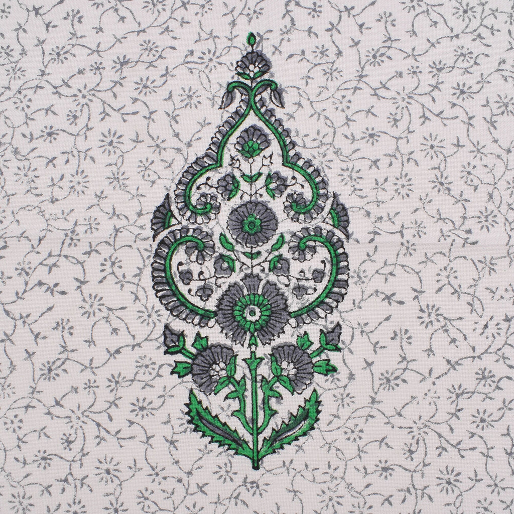 Hand Block Printed Cotton Placemats and Napkins: Gray & Green Floral