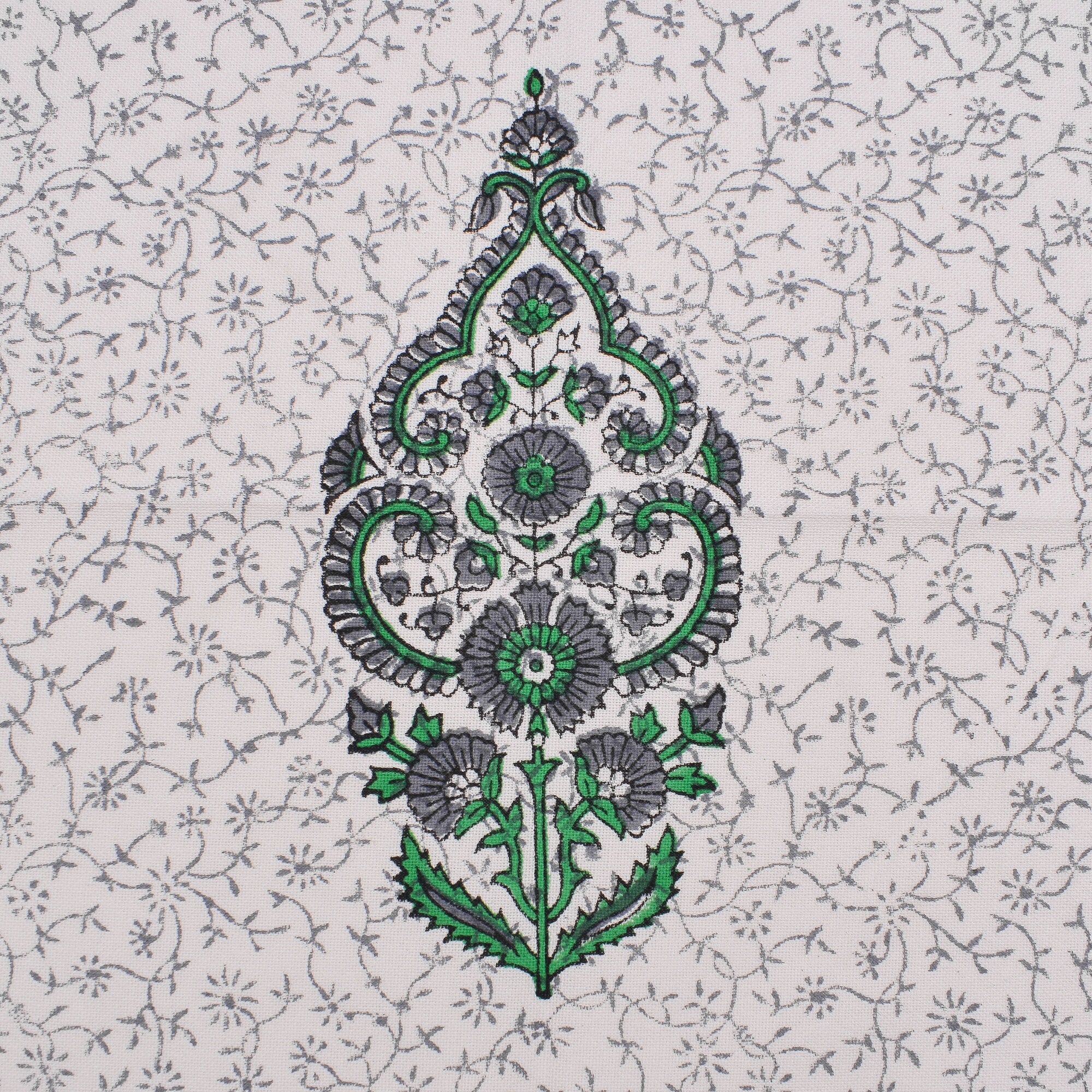 Hand Block Printed Cotton Placemats and Napkins: Gray & Green Floral