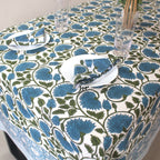 Blue Floral Block Print Cotton Tablecloth: Rustic Farmhouse Dining