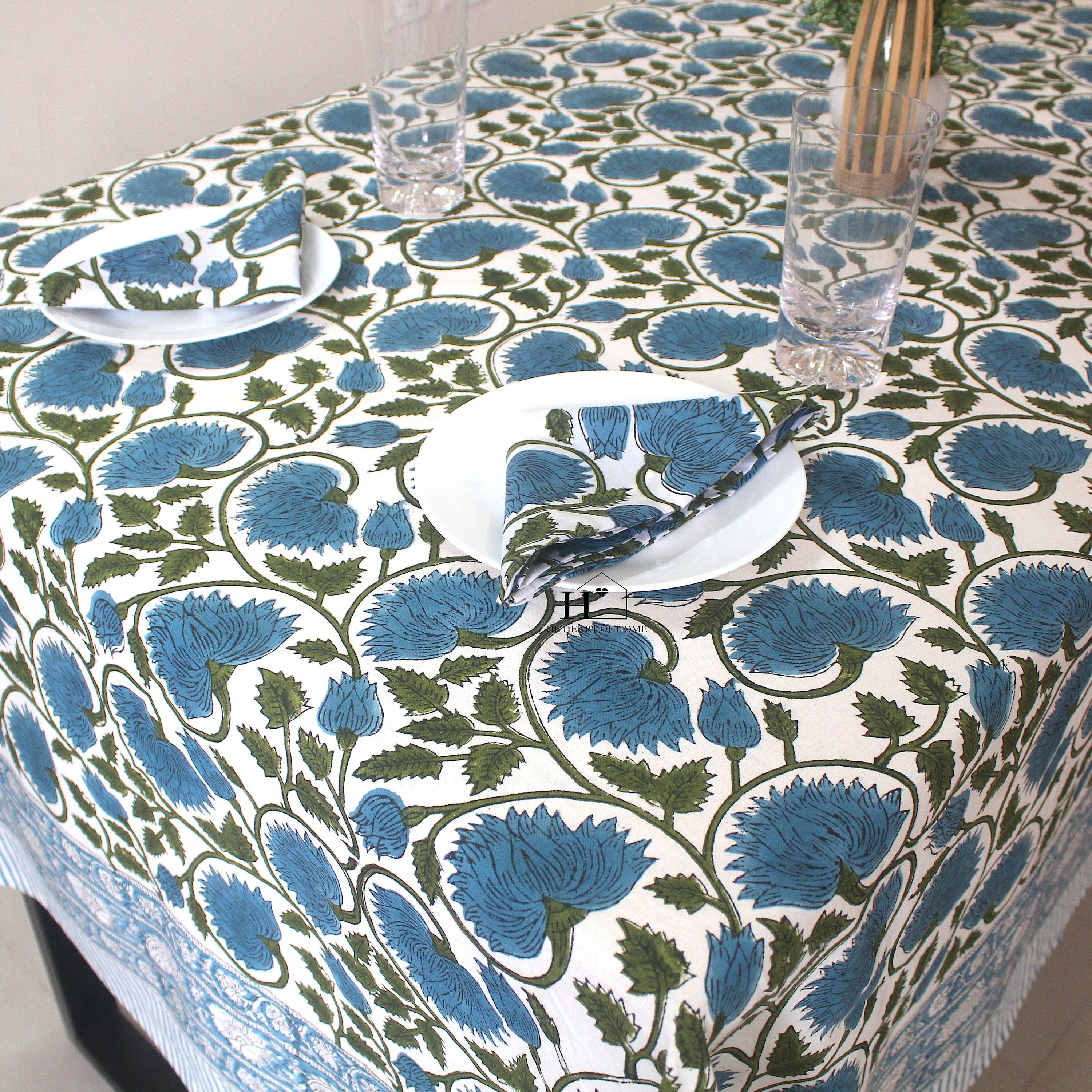 Blue Floral Block Print Cotton Tablecloth: Rustic Farmhouse Dining