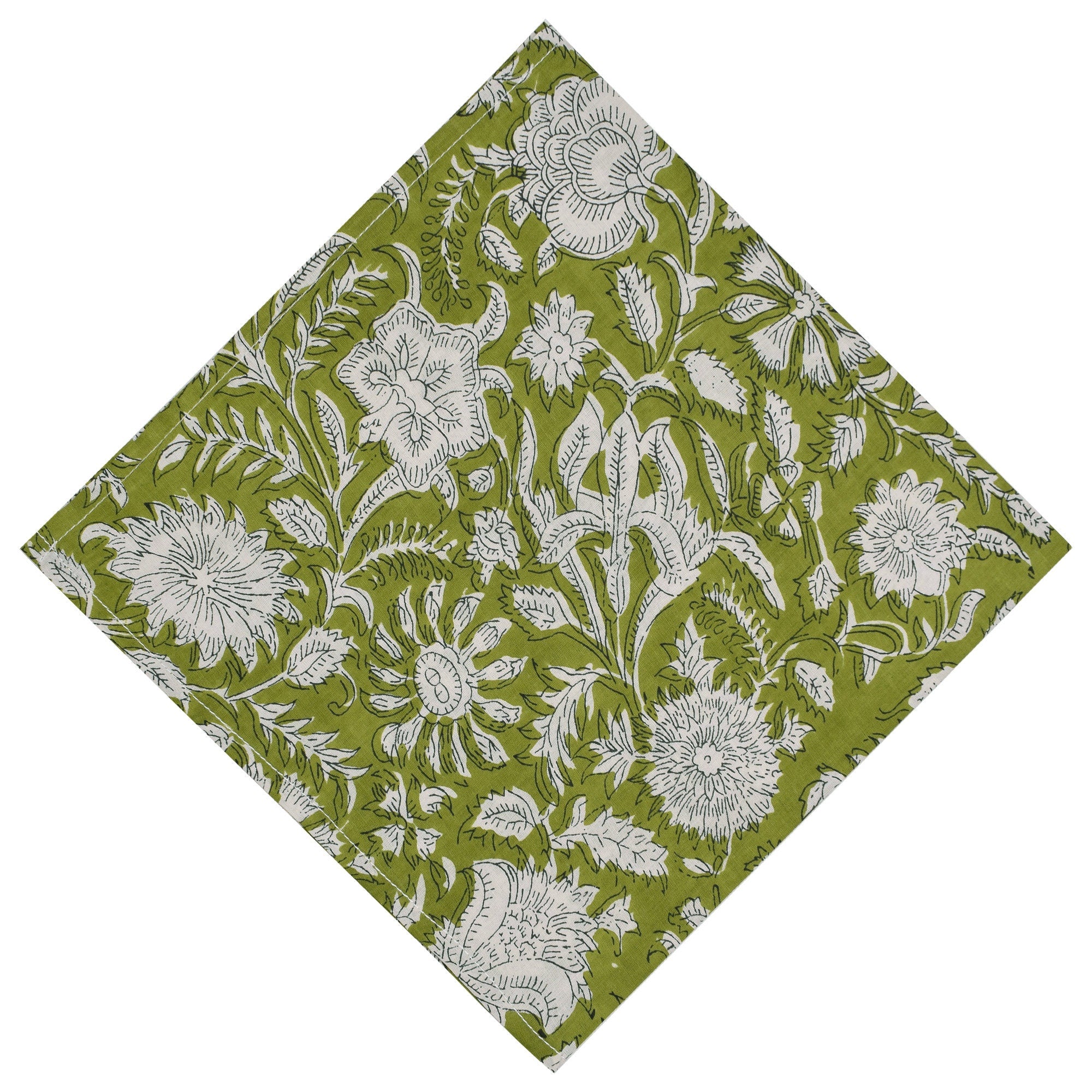 Hand Block Printed Cloth Napkins: Parrot Green Floral Cotton, Artisan Decor