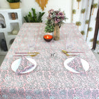 Pink Floral Block Print Cotton Tablecloth - Farmhouse Dining Cover