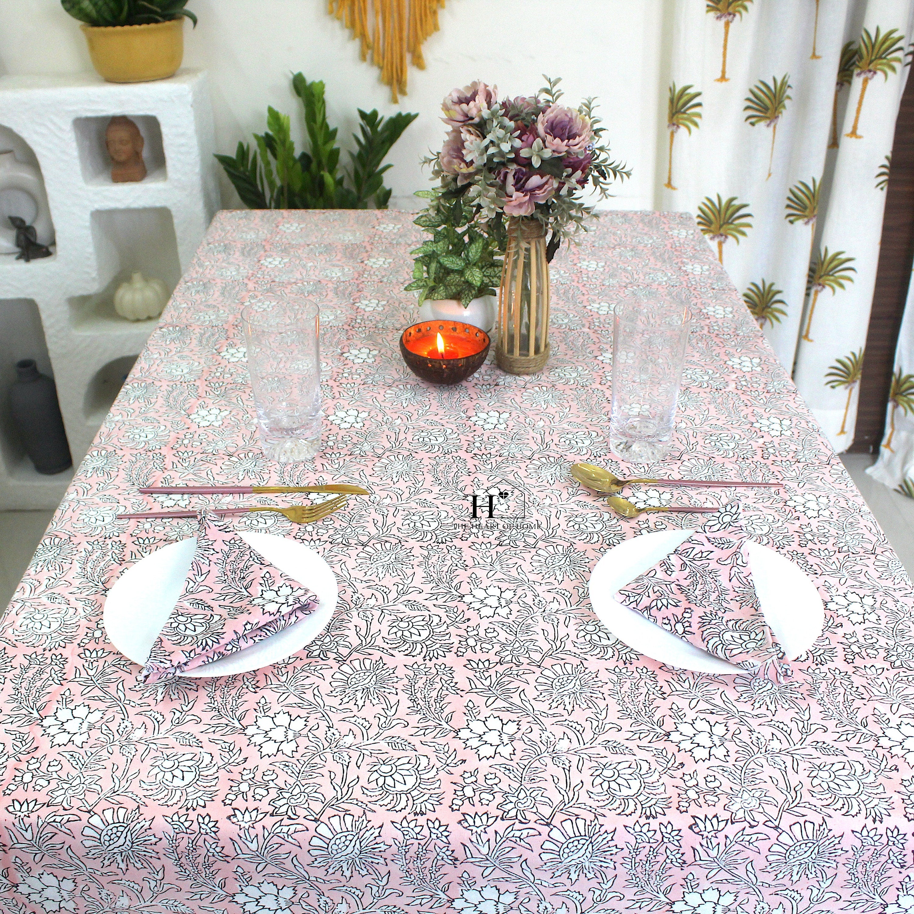 Pink Floral Block Print Cotton Tablecloth - Farmhouse Dining Cover
