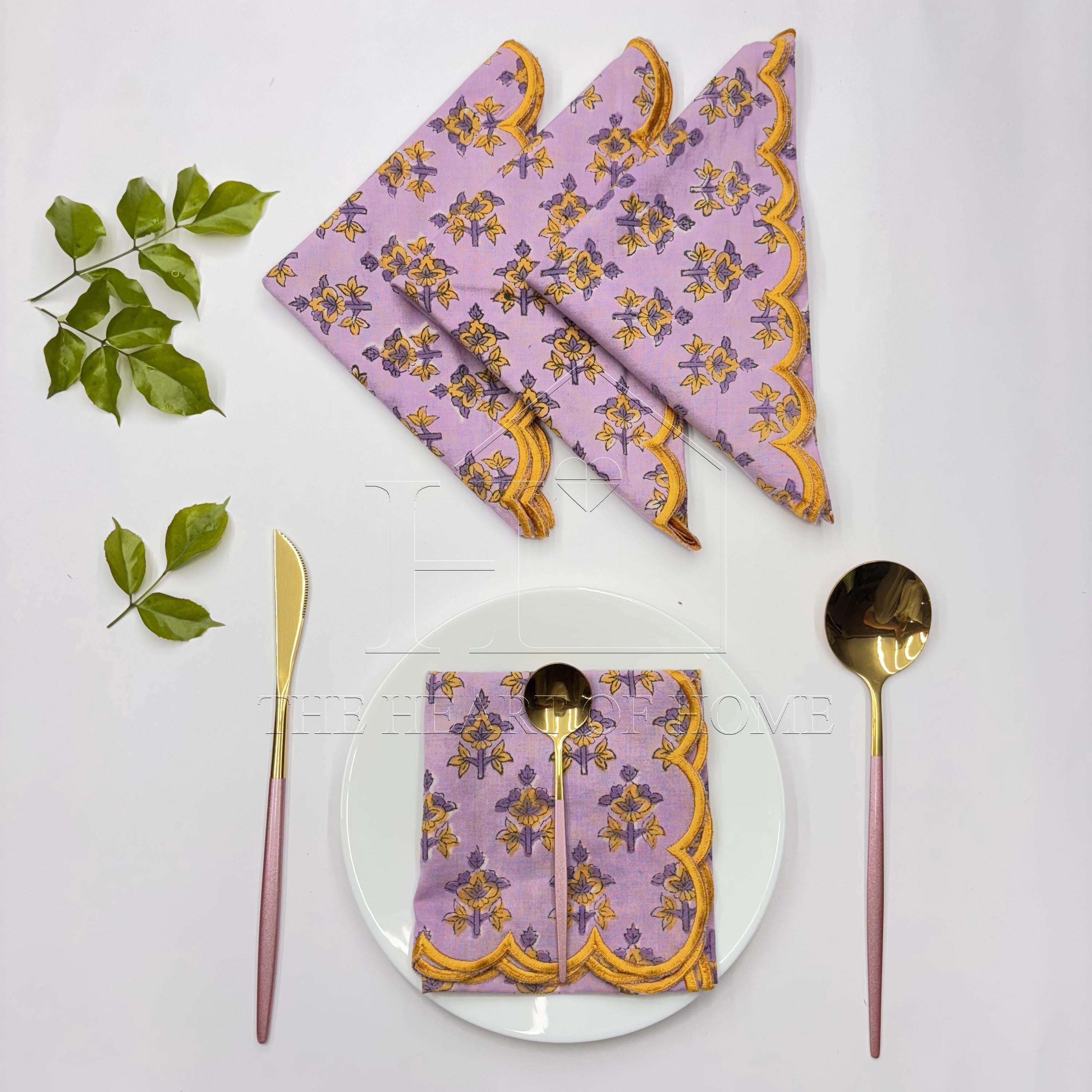 Lavender yellow scallop cotton Embroidery Napkins for table decoration and christmas gift | Reusable Floral Table Linen