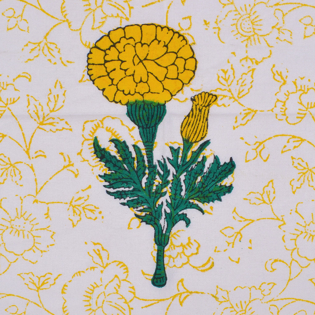 Hand Block Printed Placemats and Napkins: Yellow Green Floral Cotton Set