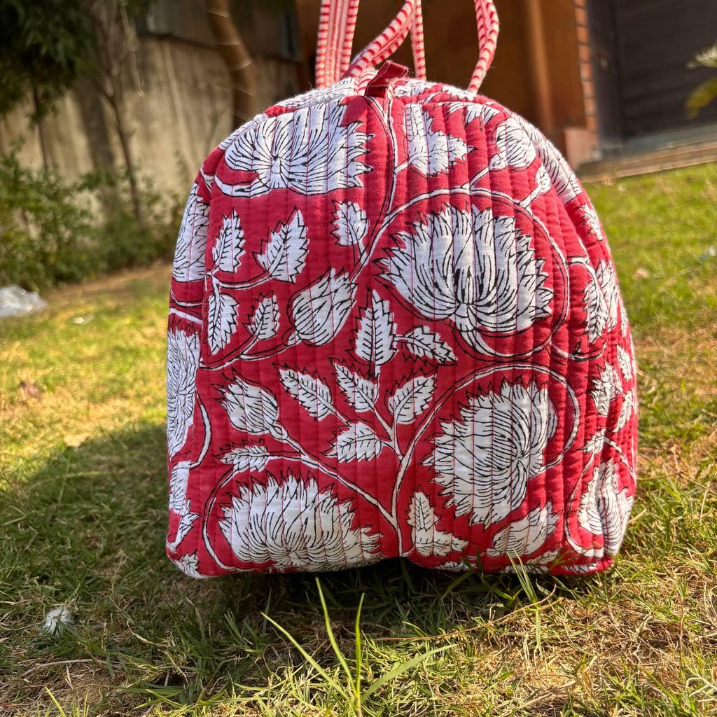 Large Bright Red Cotton Quilted Duffle Bags Block print Gifts Handmade Colorful Travel night Travel Gym Yoga Luggage pocket 18x9x9 inches