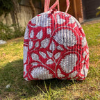 Large Bright Red Cotton Quilted Duffle Bags Block print Gifts Handmade Colorful Travel night Travel Gym Yoga Luggage pocket 18x9x9 inches