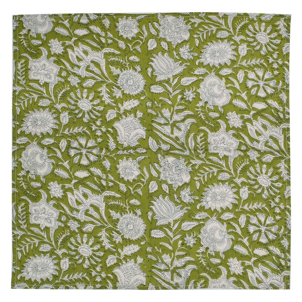 Hand Block Printed Cloth Napkins: Parrot Green Floral Cotton, Artisan Decor