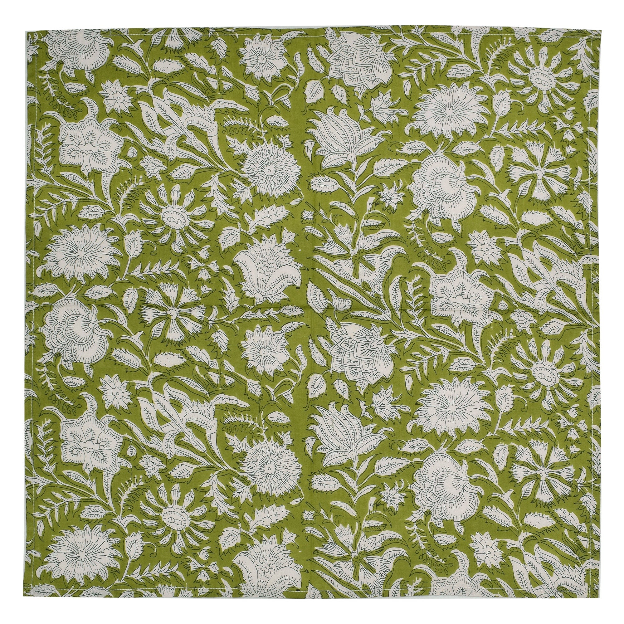 Hand Block Printed Cloth Napkins: Parrot Green Floral Cotton, Artisan Decor