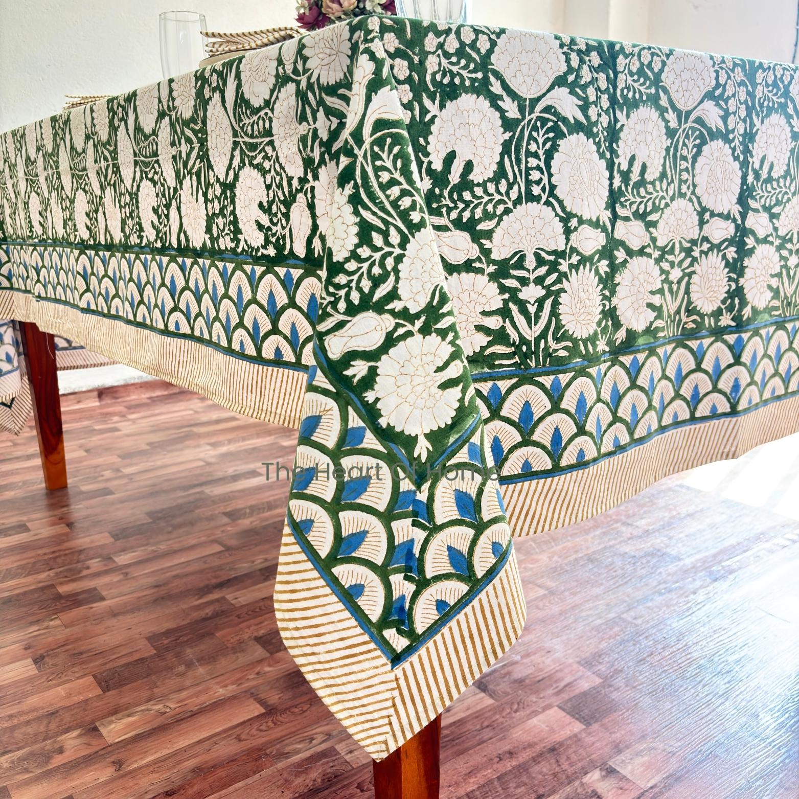 Green Floral Cotton Linen Tablecloth: Custom Sizes, Elegant Event Decor